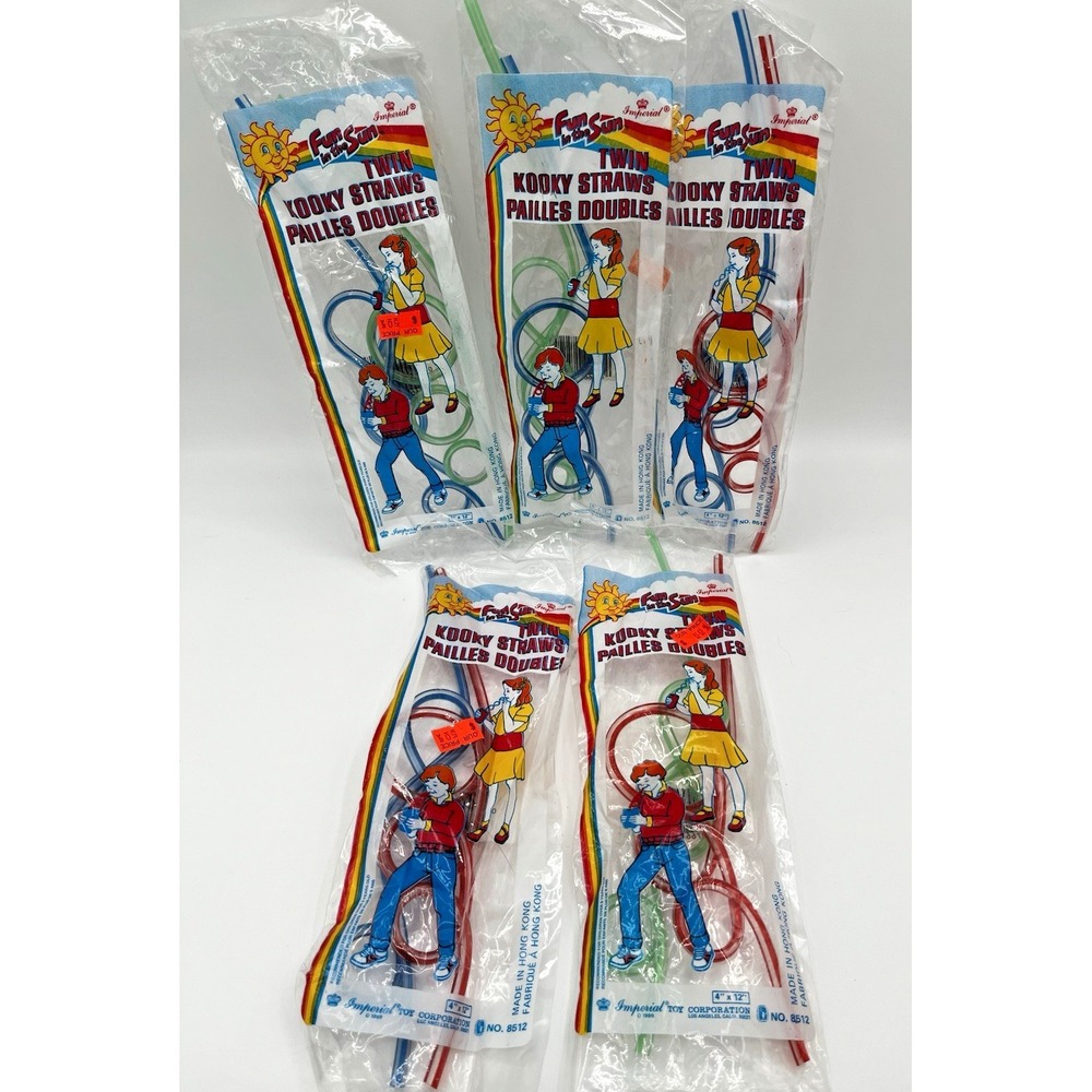Vintage Crazy Straws Krazy Kooky Green Red Blue Twisted Plastic‎ Striped 5 packs